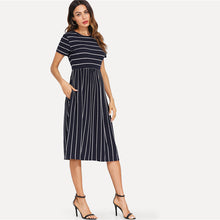 Load image into Gallery viewer, Short Sleeve Navy Smock Dress with White Striping - Inspire Professional Clothing