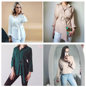 Three Quarter Sleeve Button Up Blouse with Sash - Inspire Professional Clothing
