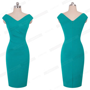 V-Neck Sheath Pencil Dress with Pleated Waist - Inspire Professional Clothing