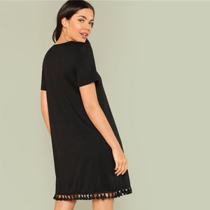 Short Sleeve Shift Dress with Tassel Trim - Inspire Professional Clothing