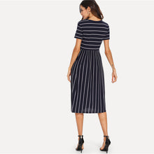 Load image into Gallery viewer, Short Sleeve Navy Smock Dress with White Striping - Inspire Professional Clothing