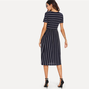 Short Sleeve Navy Smock Dress with White Striping - Inspire Professional Clothing