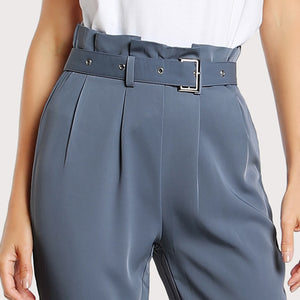 High Waist Regular Fit Blue Pleated Pants with Belt - Inspire Professional Clothing