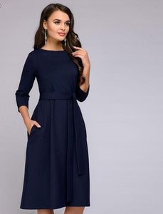 Three Quarter Sleeve A-Line Dress with Tie Closure and POCKETS! - Inspire Professional Clothing