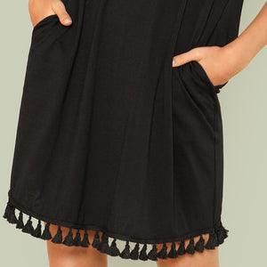 Short Sleeve Shift Dress with Tassel Trim - Inspire Professional Clothing