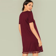 Load image into Gallery viewer, Short Sleeve Shift Dress with Tassel Trim - Inspire Professional Clothing