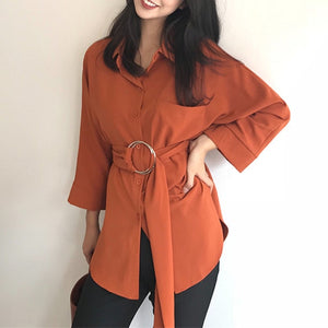 Three Quarter Sleeve Button Up Blouse with Sash - Inspire Professional Clothing
