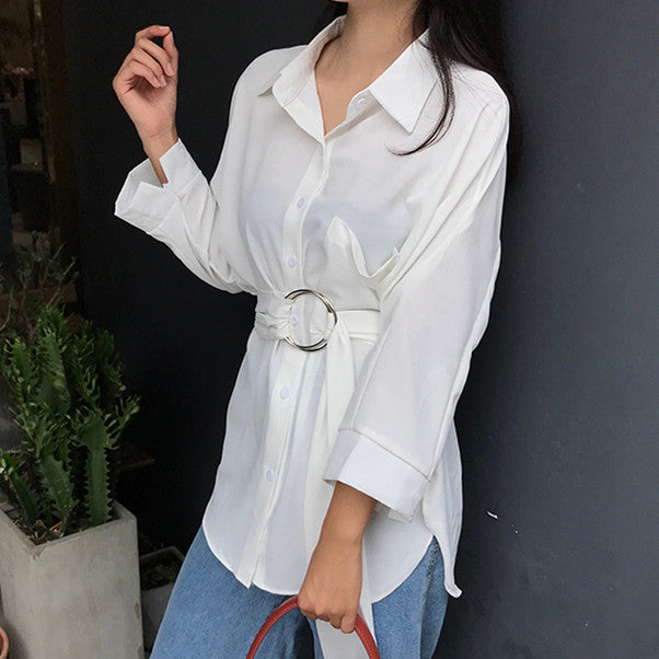 Three Quarter Sleeve Button Up Blouse with Sash - Inspire Professional Clothing