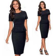 Load image into Gallery viewer, Short Sleeve Pencil Dress with Gathered Collar and Pleated Trim - Inspire Professional Clothing