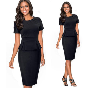 Short Sleeve Pencil Dress with Gathered Collar and Pleated Trim - Inspire Professional Clothing
