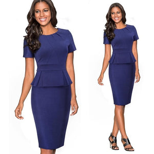 Short Sleeve Pencil Dress with Gathered Collar and Pleated Trim - Inspire Professional Clothing