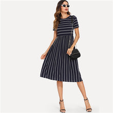 Load image into Gallery viewer, Short Sleeve Navy Smock Dress with White Striping - Inspire Professional Clothing