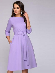 Three Quarter Sleeve A-Line Dress with Tie Closure and POCKETS! - Inspire Professional Clothing
