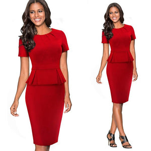 Short Sleeve Pencil Dress with Gathered Collar and Pleated Trim - Inspire Professional Clothing
