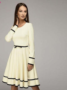 Elegant Long Sleeve A-Line Dress with Black Accents - Inspire Professional Clothing