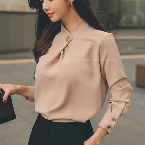 Long Sleeve Chiffon Blouse with Decorative Button Collar - Inspire Professional Clothing