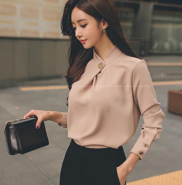 Long Sleeve Chiffon Blouse with Decorative Button Collar - Inspire Professional Clothing